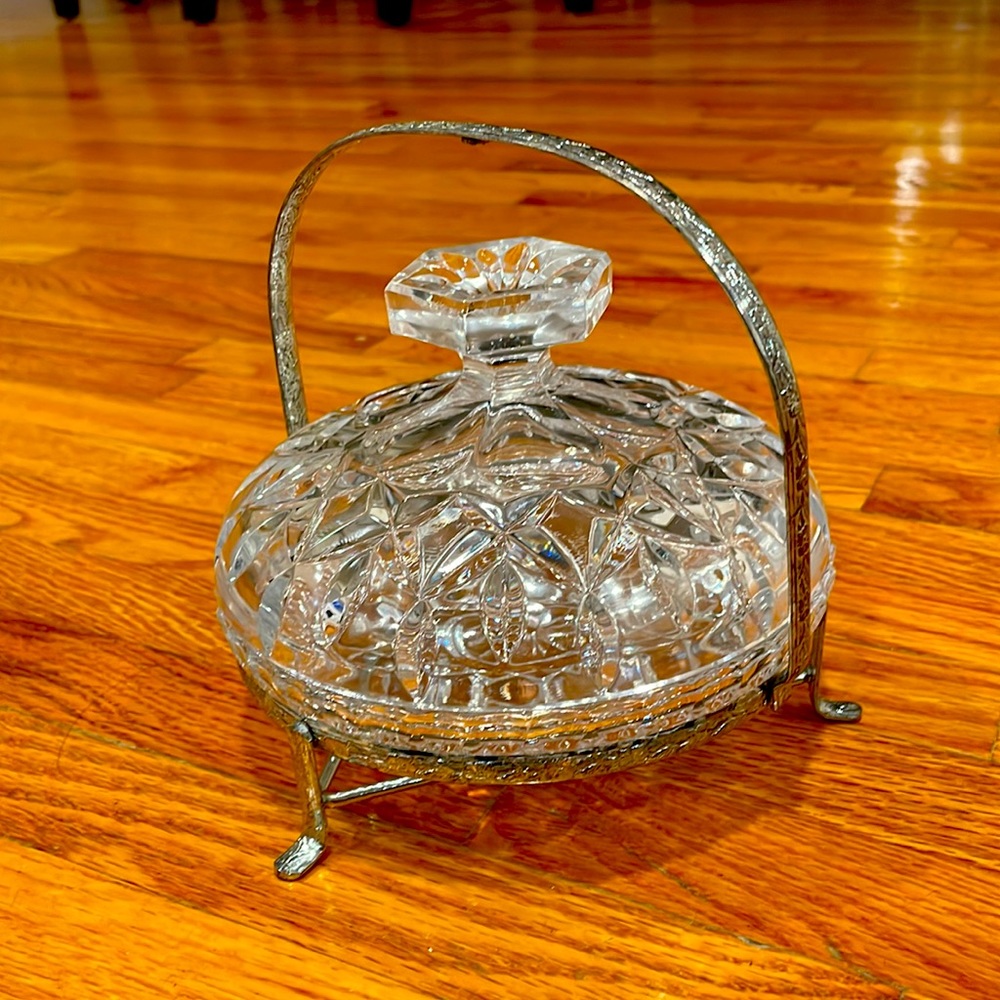 Vintage Clear Cut Crystal Dish with Holder.